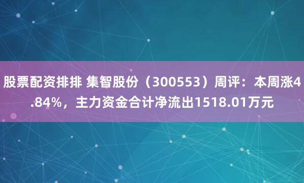 股票配资排排 集智股份（300553）周评：本周涨4.84%，主力资金合计净流出1518.01万元